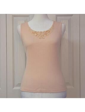 Pink Ribbed Beaded Cami Tank Dressbarn Size M (S) Vintage Y2K Coquette Lace Top